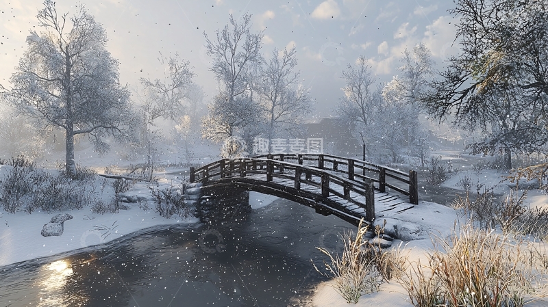 高清大图下载【趣麦麦图】雪景小桥流水人家