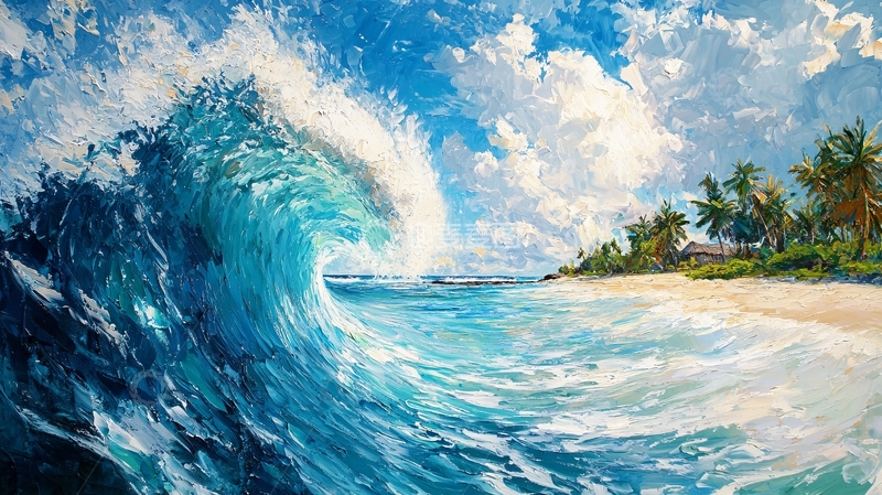 高清大图下载【趣麦麦图】海浪拍打沙滩的油画