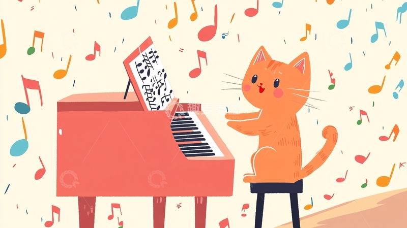 高清大图下载【趣麦麦图】橘猫弹钢琴
