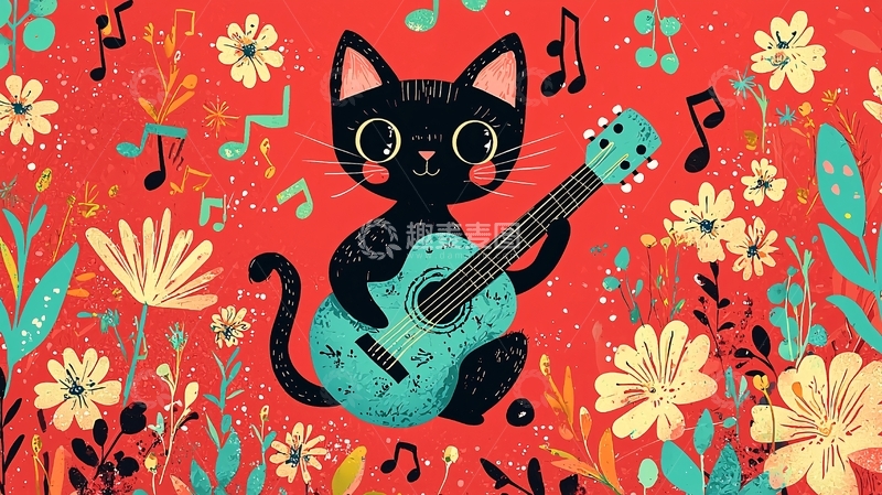 高清大图下载【趣麦麦图】可爱黑猫弹吉他
