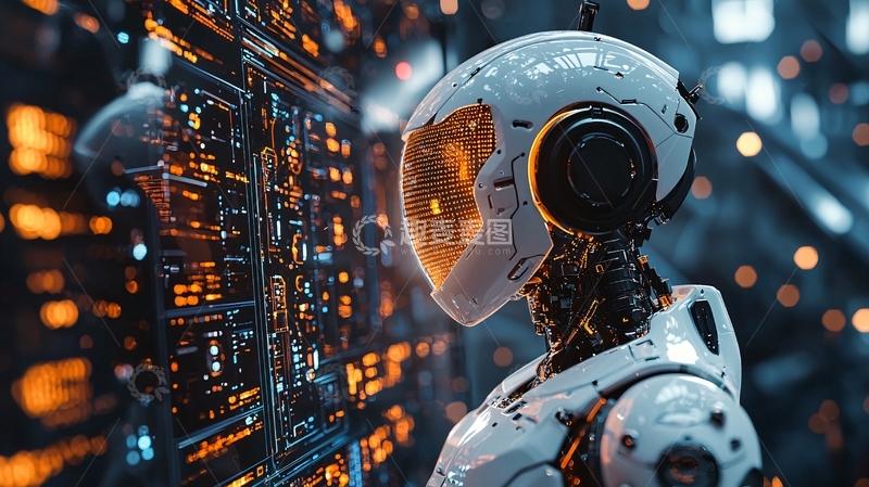 高清大图下载【趣麦麦图】未来科技感机器人注视屏幕