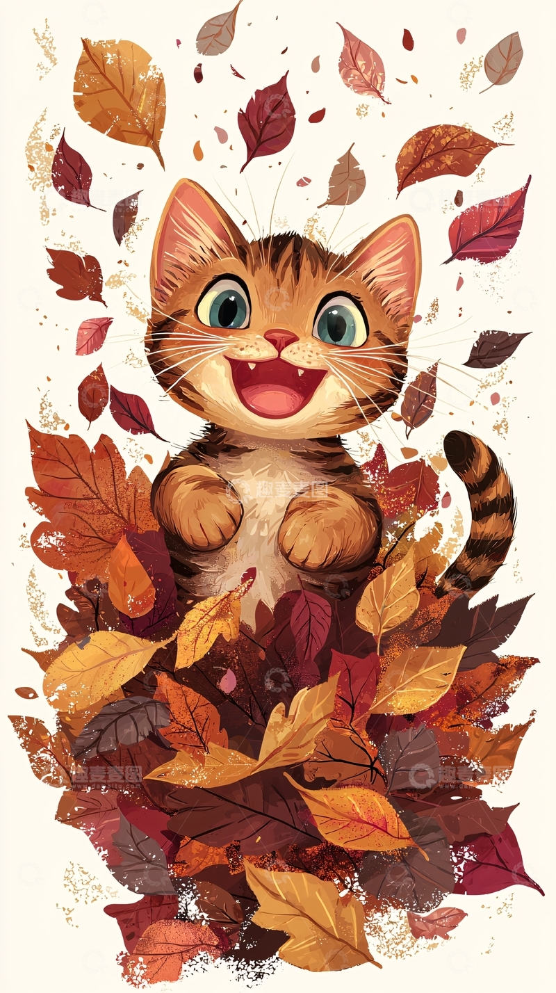高清大图下载【趣麦麦图】秋天小猫落叶堆