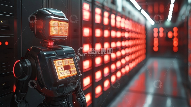 高清大图下载【趣麦麦图】未来感机器人身处红色数据中心