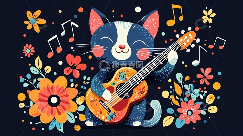 高清大图下载【趣麦麦图】-可爱猫咪弹吉他