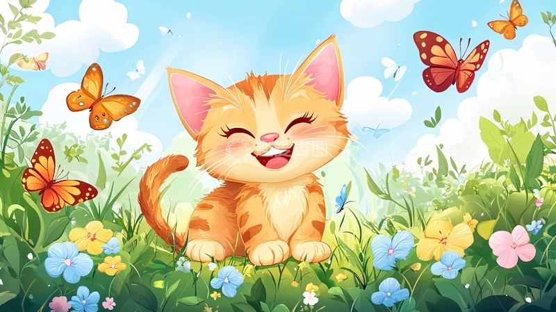 高清大图下载【趣麦麦图】快乐的小猫和蝴蝶