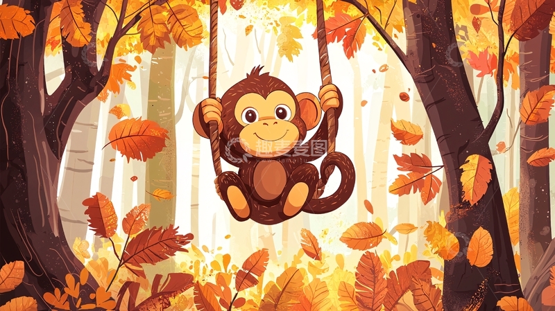 高清大图下载【趣麦麦图】秋日森林里荡秋千的小猴子