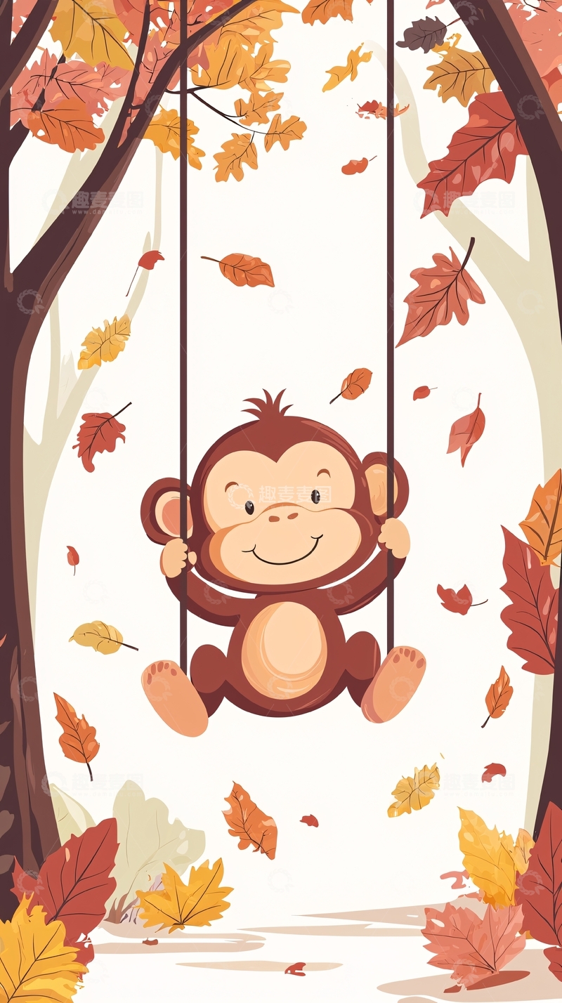 高清大图下载【趣麦麦图】秋日森林里的小猴子荡秋千