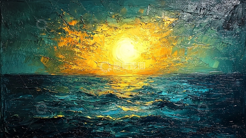 高清大图下载【趣麦麦图】海上日出印象油画