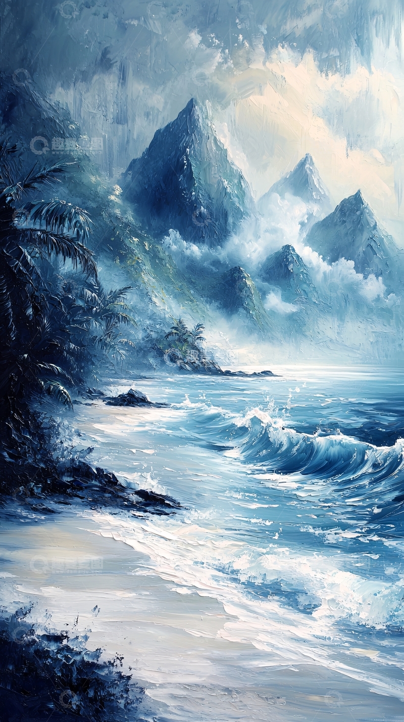 高清大图下载【趣麦麦图】海边山景油画风格