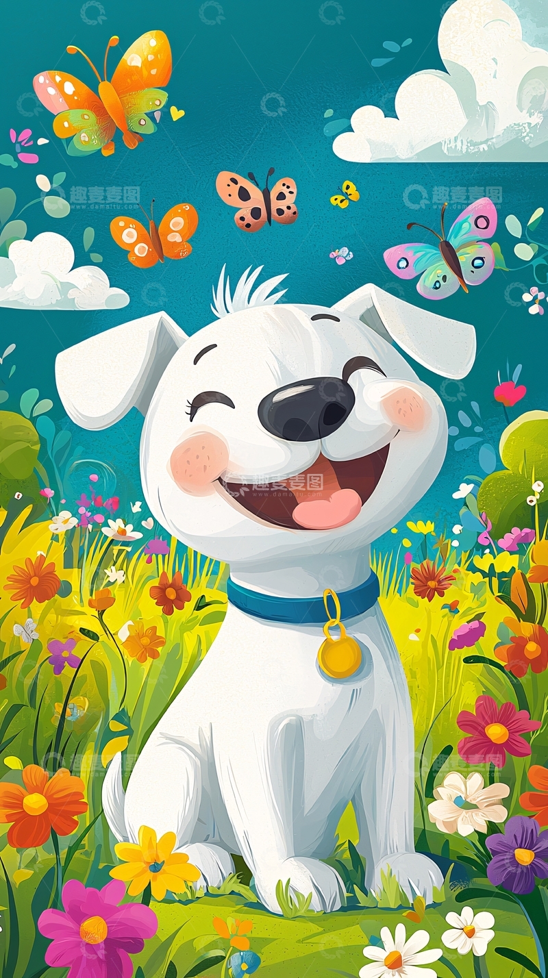 高清大图下载【趣麦麦图】小狗鲜花蝴蝶卡通插画