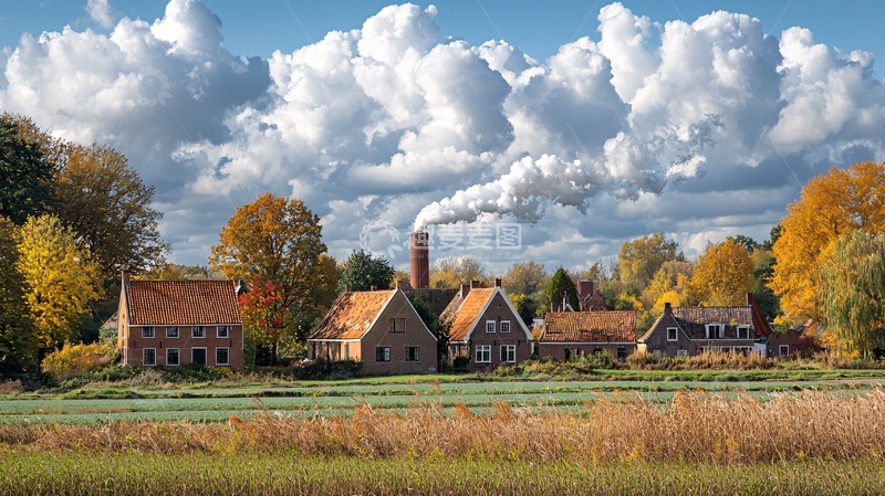 高清大图下载【趣麦麦图】乡村秋景房屋烟囱蓝天白云
