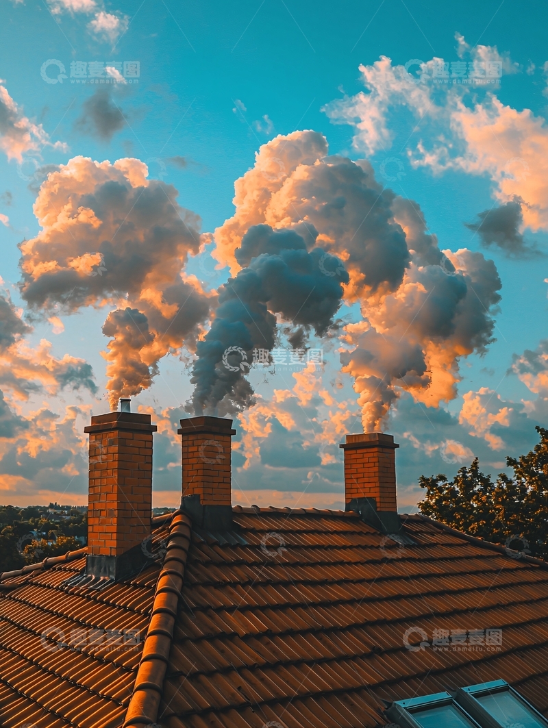 高清大图下载【趣麦麦图】屋顶烟囱冒着白烟