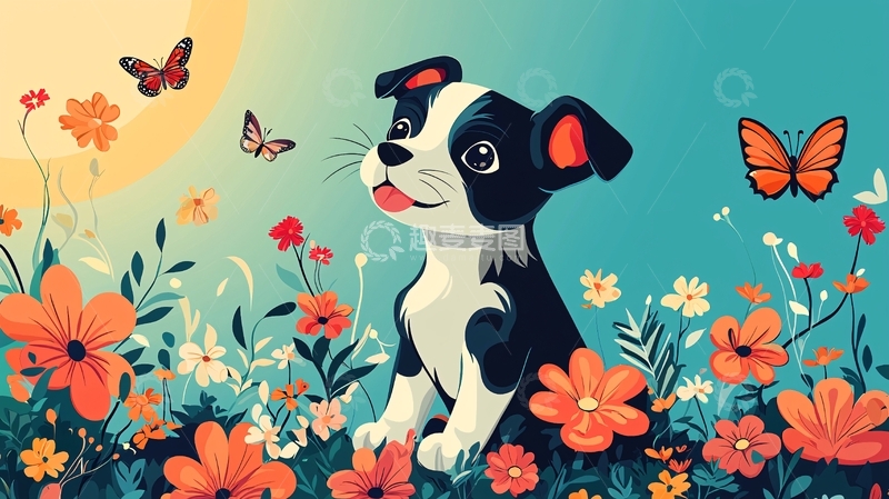 高清大图下载【趣麦麦图】小狗在花丛中与蝴蝶嬉戏