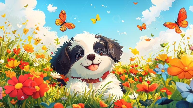 高清大图下载【趣麦麦图】小狗在花丛中玩耍