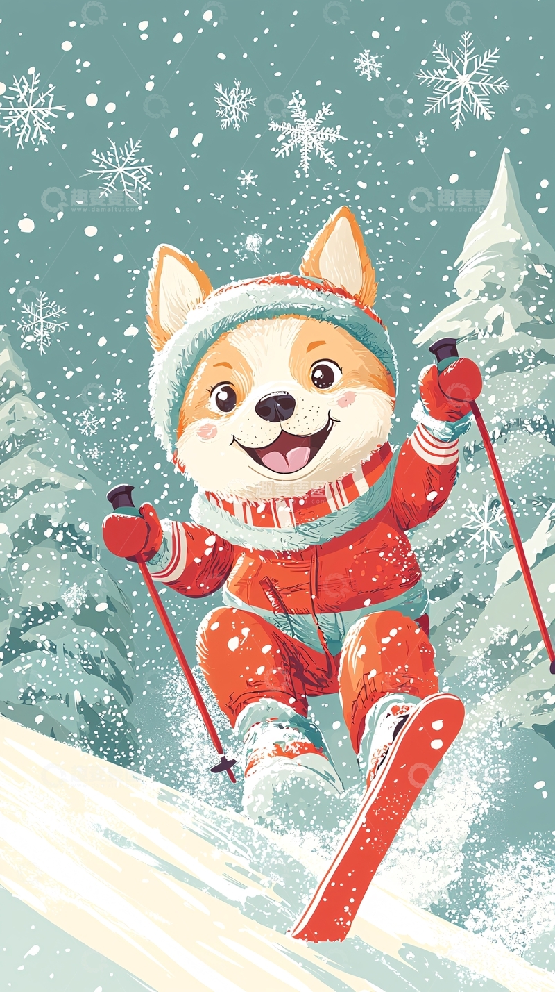 高清大图下载【趣麦麦图】可爱柯基犬滑雪