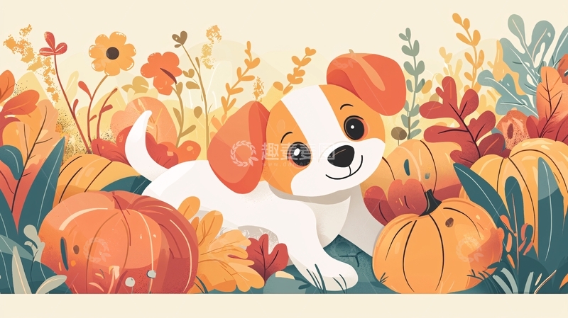高清大图下载【趣麦麦图】秋日小狗南瓜田园风插画