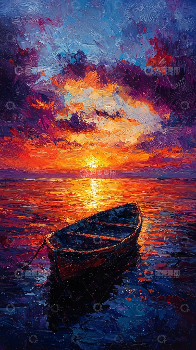 高清大图下载【趣麦麦图】海上日落小船意境油画