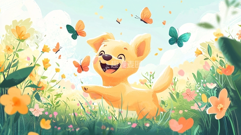 高清大图下载【趣麦麦图】小狗与蝴蝶在花丛中玩耍