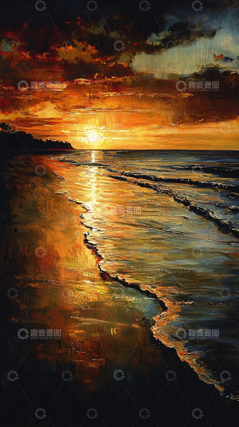 高清大图下载【趣麦麦图】金色海滩日落的油画