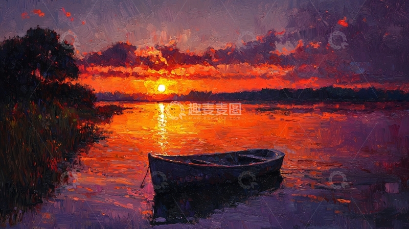 高清大图下载【趣麦麦图】湖面上的日落小船