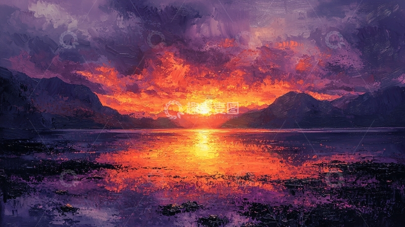 高清大图下载【趣麦麦图】湖面壮丽的日落晚霞