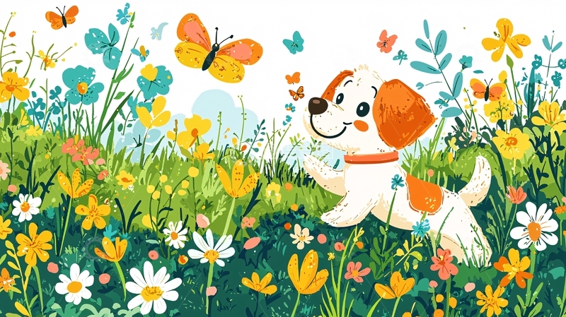 高清大图下载【趣麦麦图】小狗在花丛中追逐蝴蝶