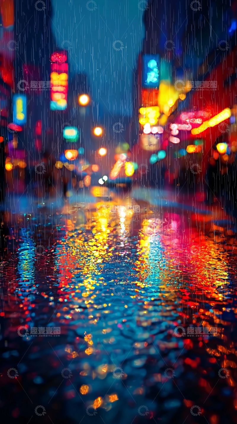 高清大图下载【趣麦麦图】雨夜城市霓虹灯光反射