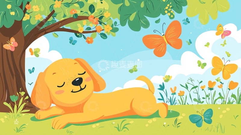 高清大图下载【趣麦麦图】小狗在树下睡觉