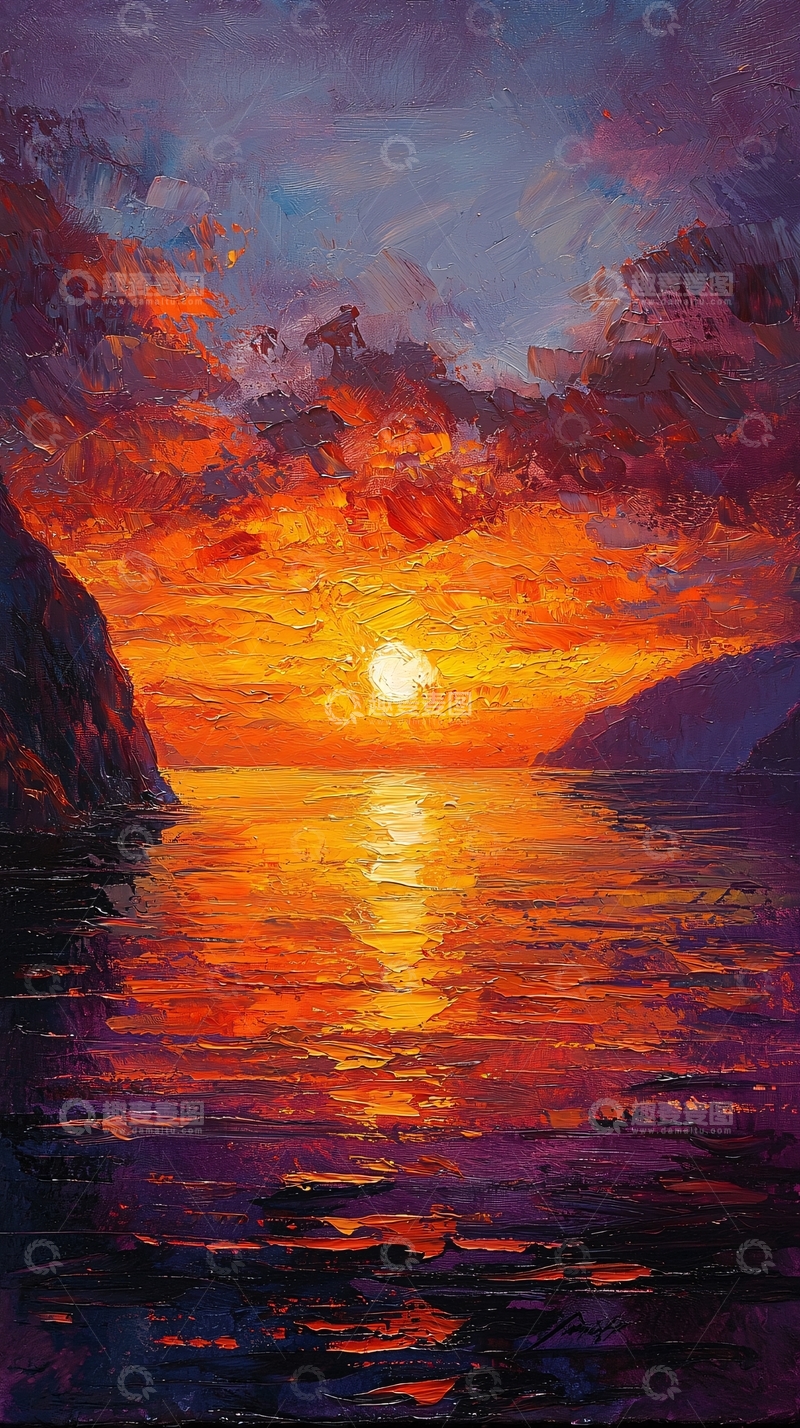 高清大图下载【趣麦麦图】油画风格日落海景
