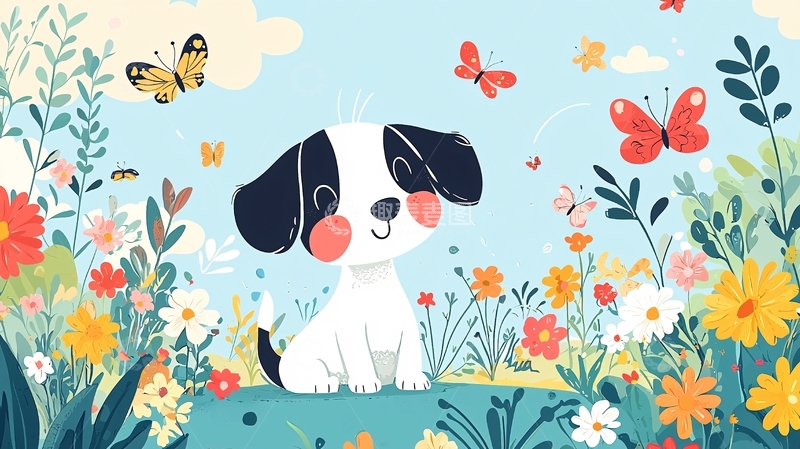 高清大图下载【趣麦麦图】可爱小狗花丛蝴蝶