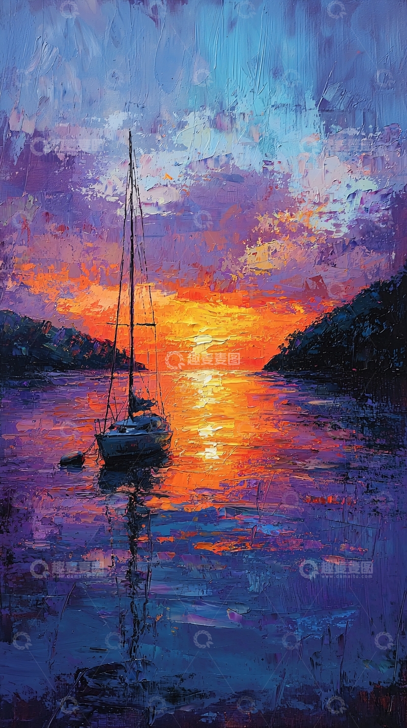 高清大图下载【趣麦麦图】帆船在夕阳下的海湾