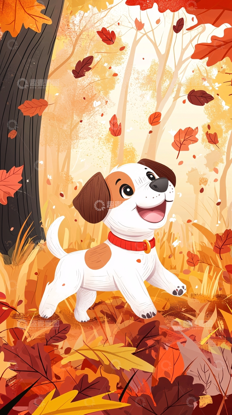 高清大图下载【趣麦麦图】秋天小狗落叶