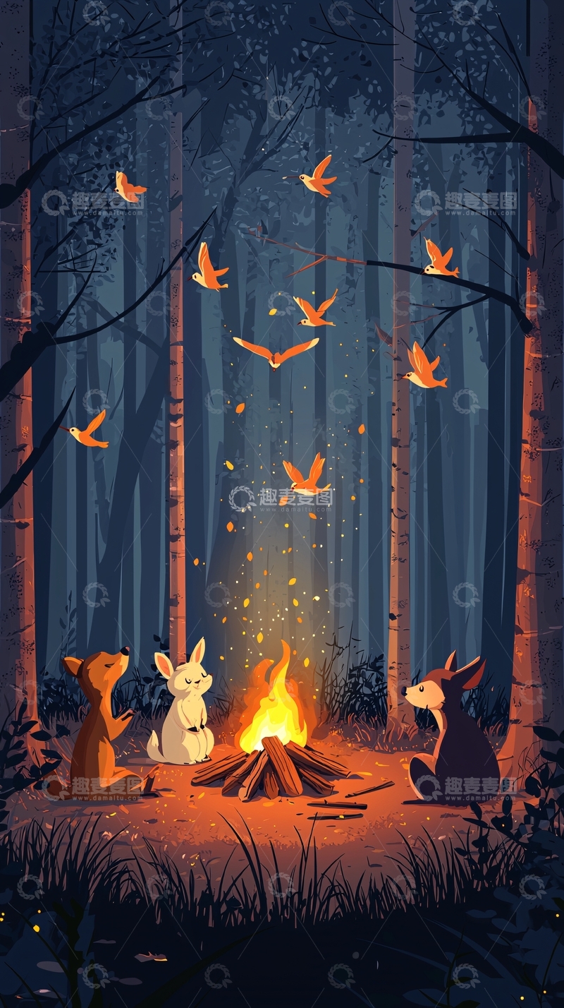 高清大图下载【趣麦麦图】森林篝火动物