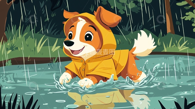 高清大图下载【趣麦麦图】雨中玩耍的小狗