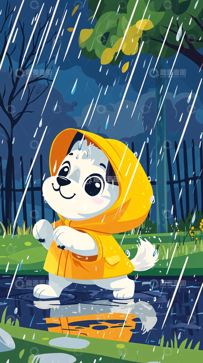 高清大图下载【趣麦麦图】雨中戴黄雨衣的小狗