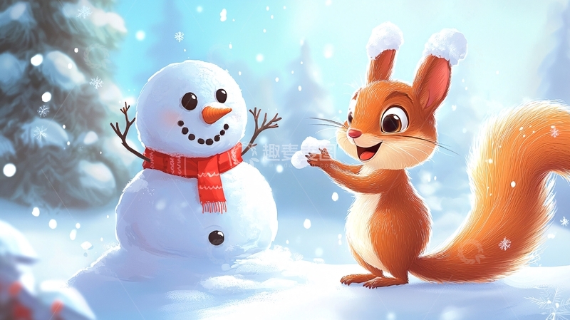 高清大图下载【趣麦麦图】小松鼠堆雪人