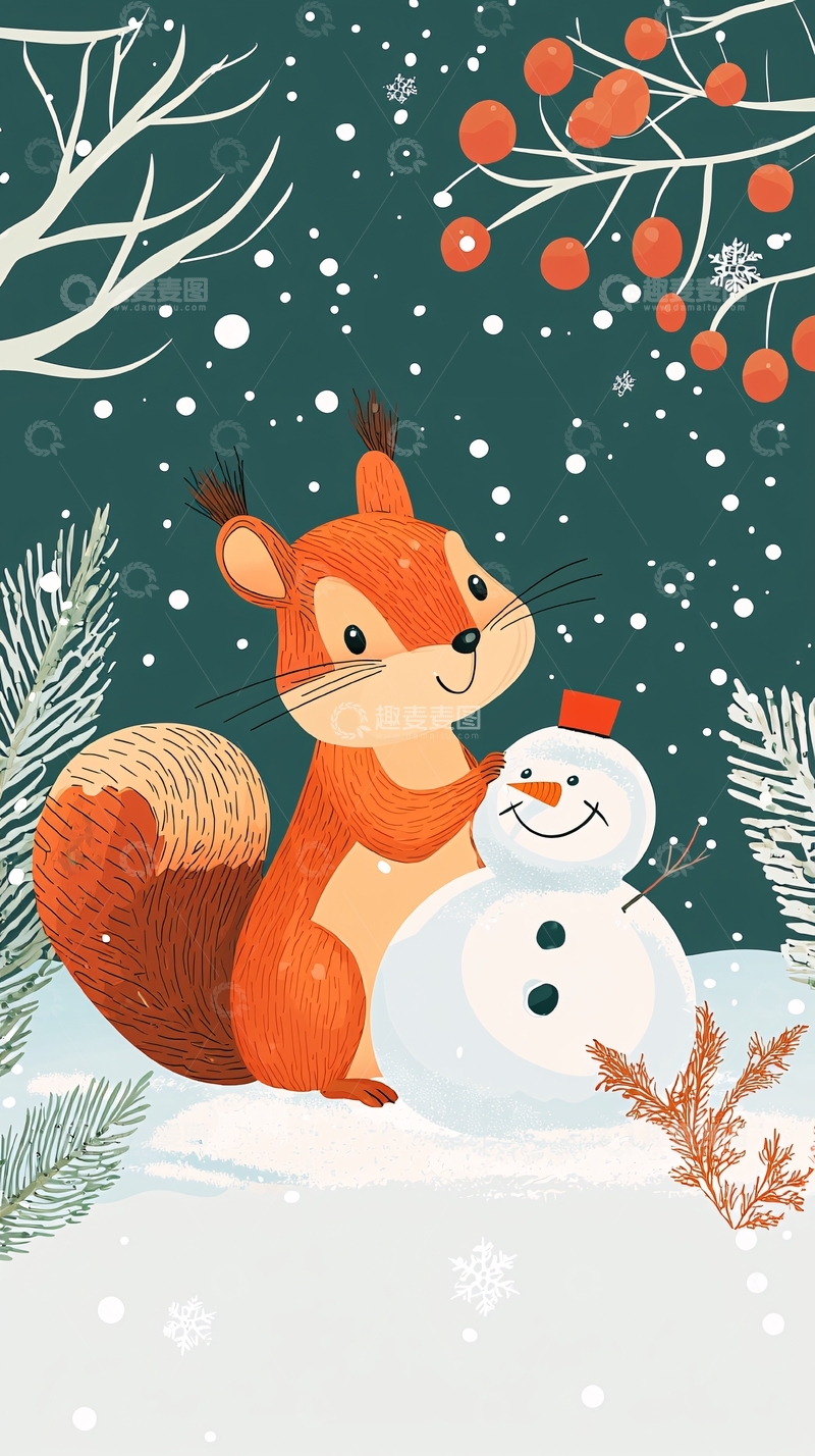 高清大图下载【趣麦麦图】小松鼠和雪人冬日图