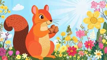 可爱小松鼠吃坚果花丛