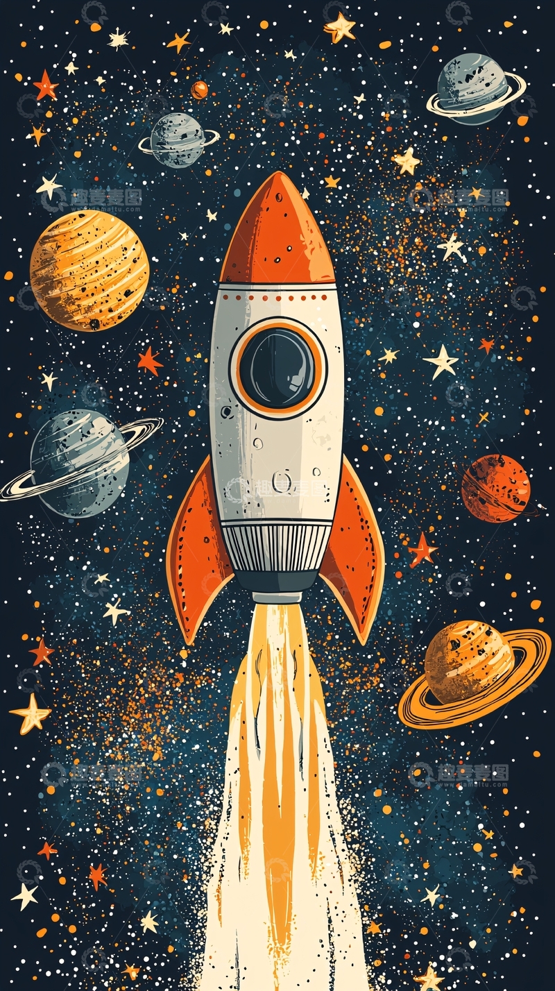 高清大图下载【趣麦麦图】卡通火箭升空宇宙背景