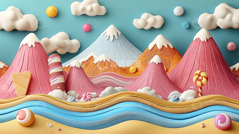 高清大图下载【趣麦麦图】糖果色山峰与河流场景