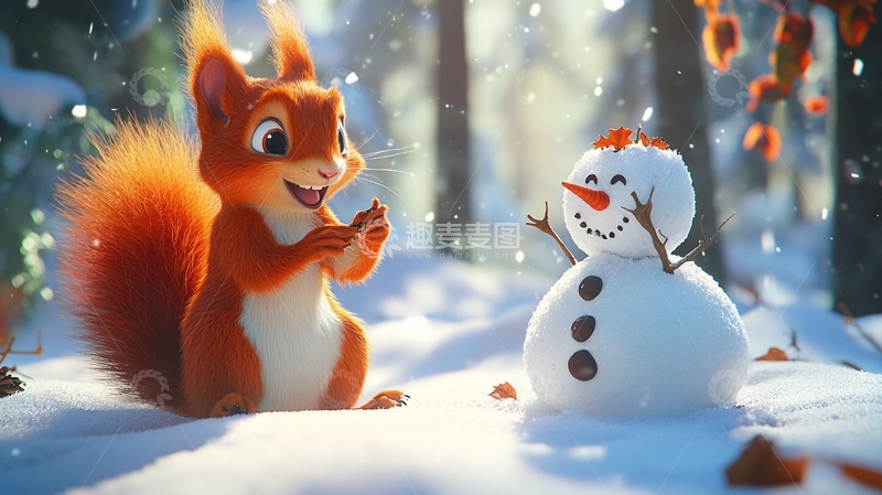 高清大图下载【趣麦麦图】可爱小松鼠与雪人