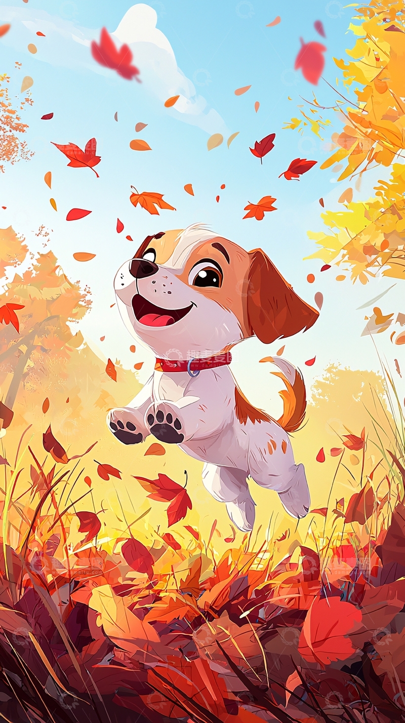 高清大图下载【趣麦麦图】秋日小狗跳跃落叶