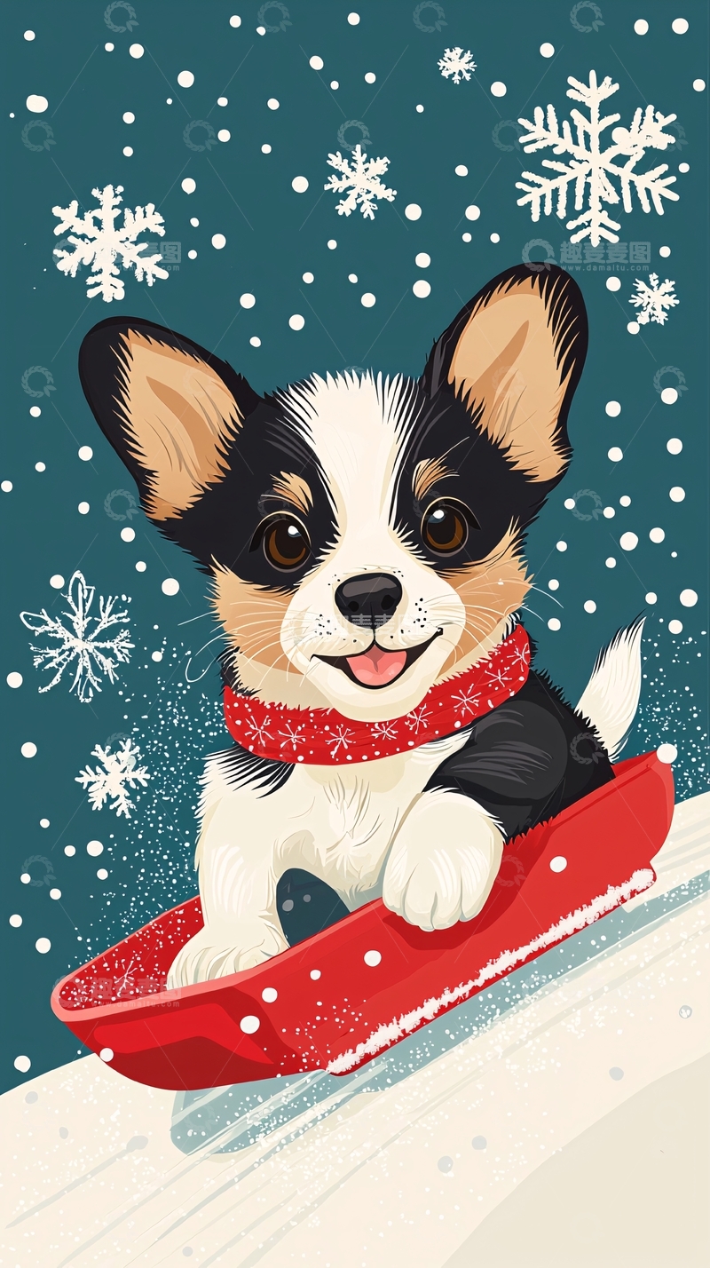 高清大图下载【趣麦麦图】可爱柯基雪橇圣诞节