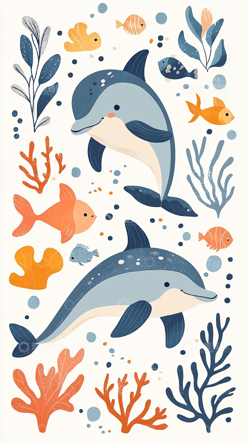 高清大图下载【趣麦麦图】可爱的海豚与鱼类插画