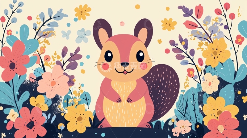 高清大图下载【趣麦麦图】卡通松鼠花卉背景