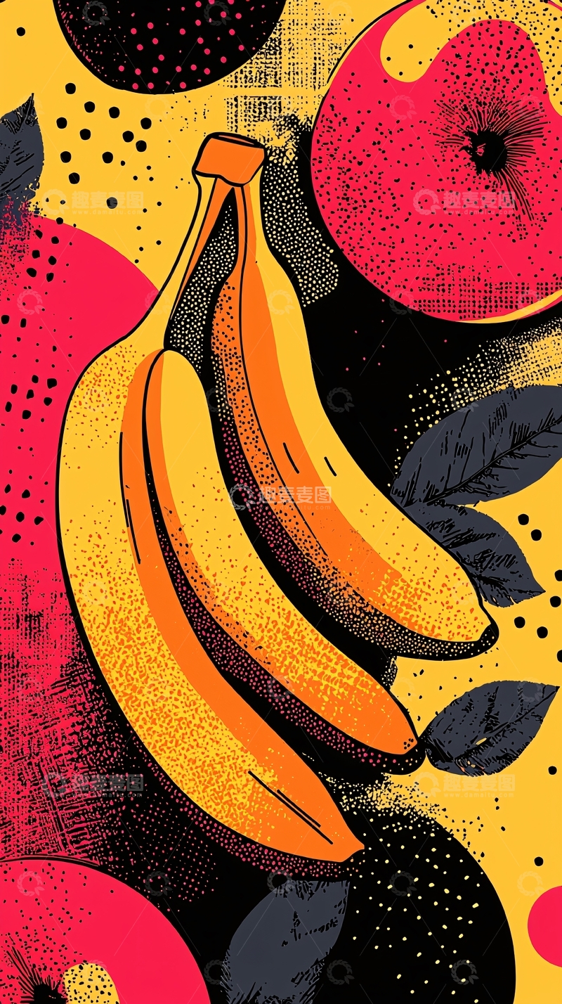 高清大图下载【趣麦麦图】香蕉与苹果的鲜艳插画