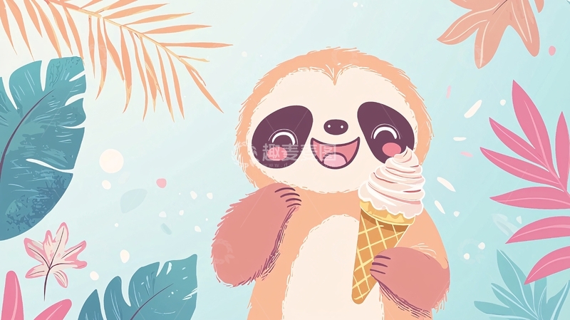 高清大图下载【趣麦麦图】卡通树懒吃冰激凌