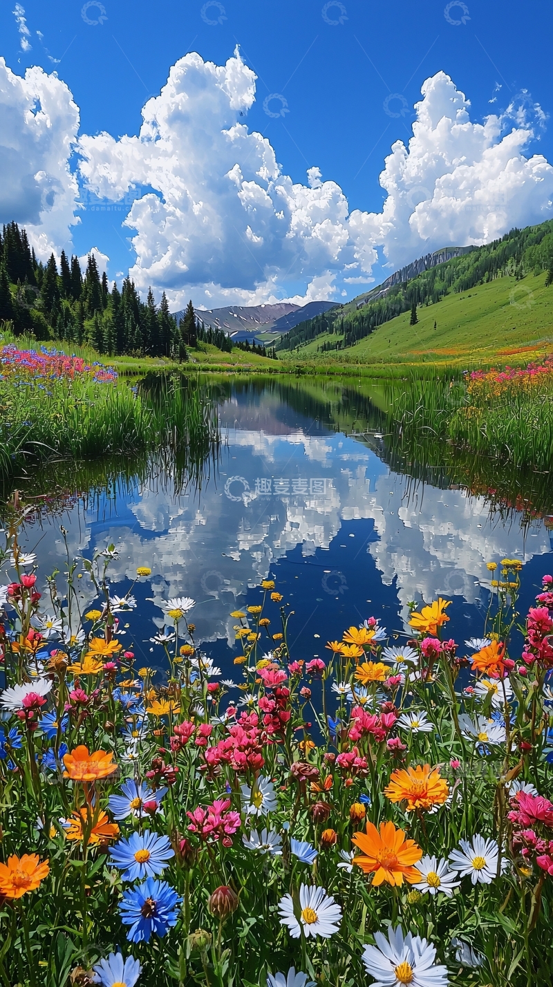 高清大图下载【趣麦麦图】鲜花盛开的湖边美景