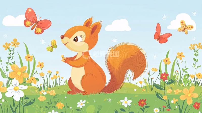 高清大图下载【趣麦麦图】可爱小松鼠与蝴蝶花丛