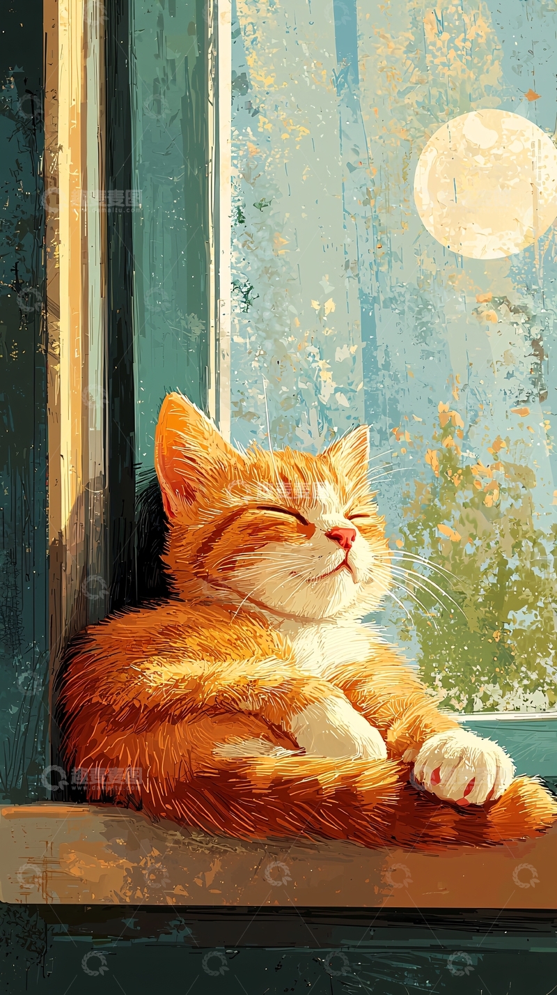 高清大图下载【趣麦麦图】猫咪在窗边沐浴阳光
